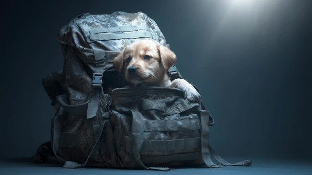 Puppy sitting inside military backpack. Small dog resting in tactical gear bag. Concept of war companion and army service pet. Loyalty in challenging environment.