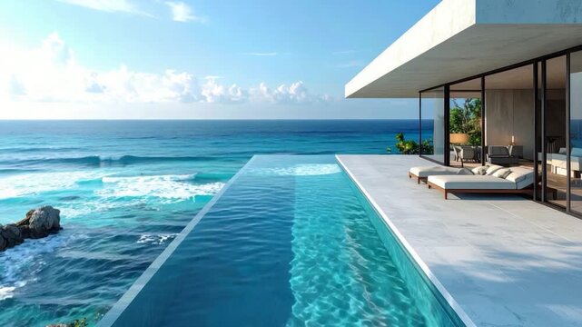 Luxury modern villa with infinity pool overlooking the turquoise ocean at sunset upscale travel