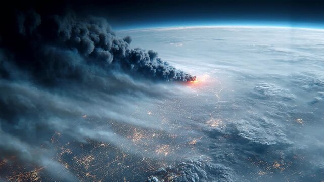 Nuclear explosion viewed from space over earth surface. Massive detonation cloud rising above planet atmosphere. Global military strike impact and catastrophic war.