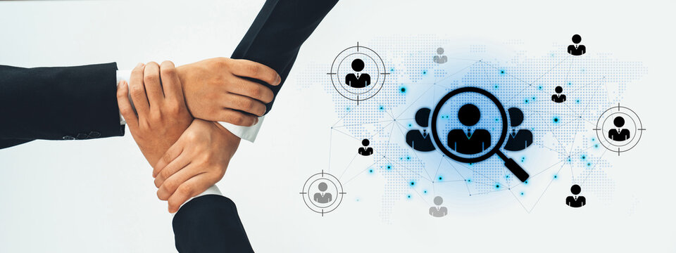 Concept of global talent acquisition and human resources. The process of headhunting and searching for qualified candidates worldwide to build a professional corporate workforce. Fermion