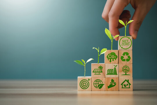 The concept of carbon neutrality and net-zero greenhouse gas emissions; the natural environment; long-term strategies for climate neutrality; greenhouse gas emission targets; wooden block icon.