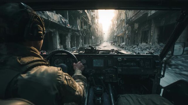 Soldier driving armored vehicle through destroyed war zone city. Military driver navigating ruined street. Concept of post-war conflict and military operation.