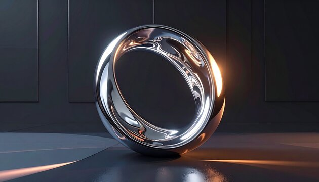futuristic chrome ring with liquid metal reflection and soft golden lighting