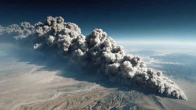 Huge mushroom cloud rises over desert landscape. Massive smoke column from military explosion. Aerial view of war conflict zone and destructive power impact.