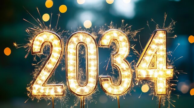 Glittering New Year 2034 Celebrations with Sparkling Lights and Festive Decorations for Cards