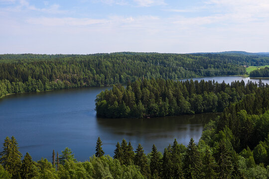 Aerial view of Lake Aulangonjarvi and forest from observation tower in Aulanko Nature Reserve, Hameenlinna, Finland. Panoramic summer landscape with dense pine forest and calm blue lake clear sky