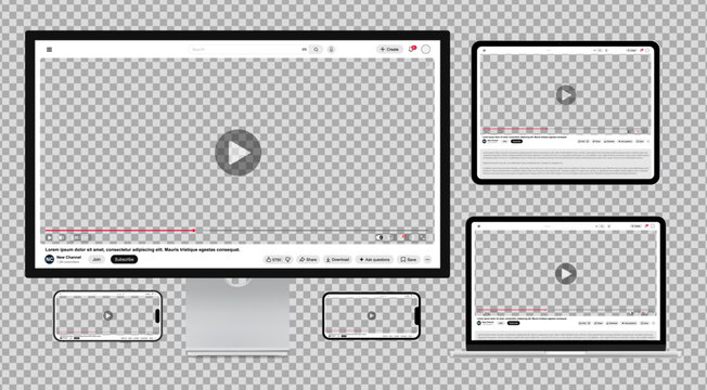 Video player template light mode for web and mobile apps on phones, monitor, laptop and tablet isolated on dark transparent background. Vector illustration
