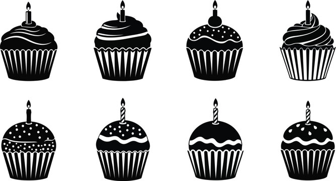 Set of birthday cupcakes with candles