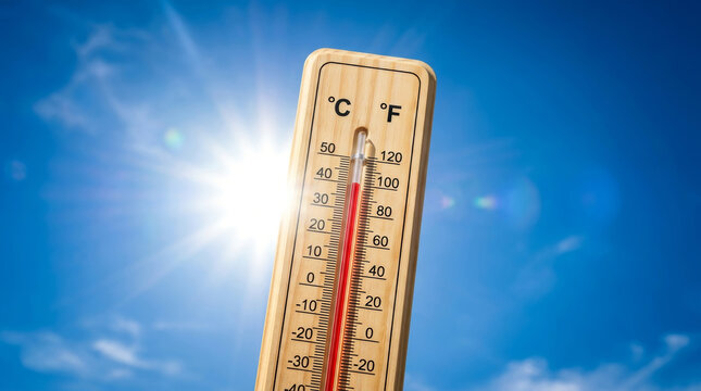 Heat wave summer thermometer sun sky temperature hot climate sunlight extreme heat wave concept. Heat wave extreme summer, sun high temperature hot weather, global warming, heat stroke