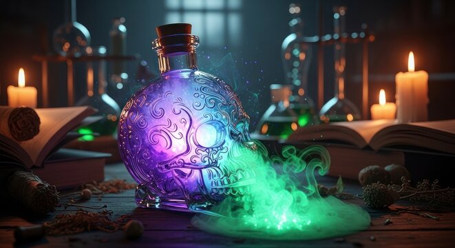 Ornate Crystal Skull Potion Exhales Glowing Green Mist in a Mystic Laboratory