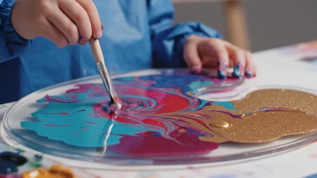Person creates colorful art on round surface using paint and brush at home