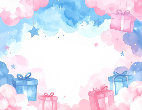 水彩風の雲とギフトボックスが描かれたパステルカラーのフレーム背景　誕生日やイベントの告知に使える中央にコピースペースがあるかわいい装飾素材　子供向けパーティーや出産祝いの案内状やバナーにも適した優しい雰囲気のイラスト背景