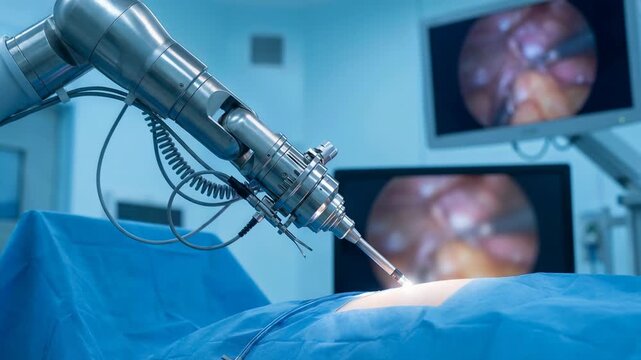 Robotic surgical arm performing minimally invasive procedure during operation. Automated instrument in sterile hospital room for precision medical intervention concept.