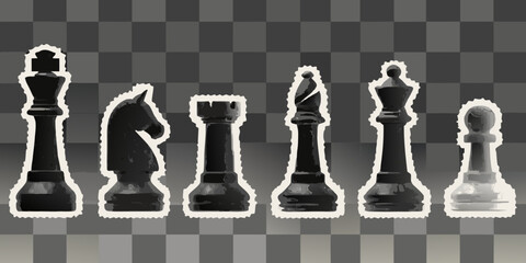 Chess pieces lineup black and white silhouettes on checkered background © Prodip