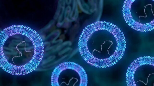 Animated illustration of microscopic cell organelles. Glowing blue vesicles representing biological transport process and cellular structure for scientific study.
