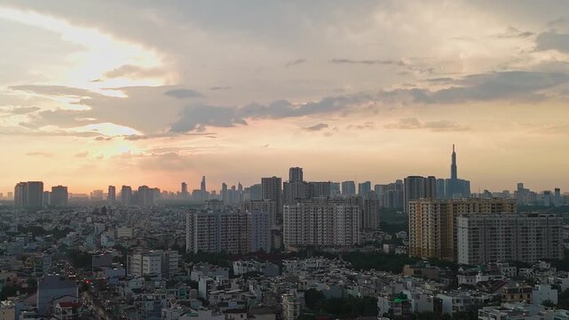 Aerial view of Ho Chi Minh City Skyline with Landmark 81 at sunset Vietnam