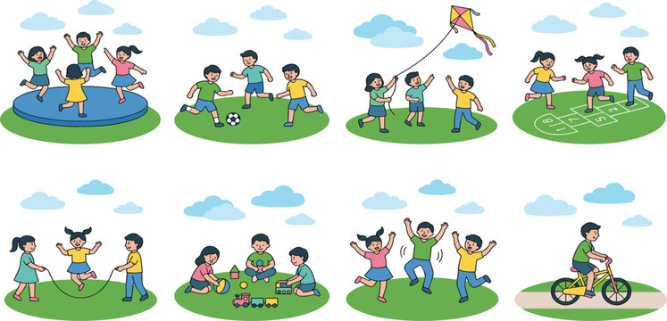 A diverse set of flat vector illustrations featuring happy children engaged in various outdoor activities such as soccer, kite flying, jumping rope, and bicycle riding.