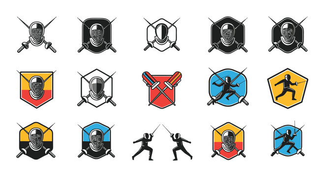 Fencing Sports Icons Collection: Masks, Swords, and Athletes