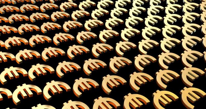  Rows of golden euro currency symbols create a futuristic financial background with dramatic lighting.
