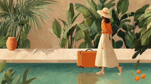 Lady with orange suitcase walks near pool. She wears hat, nice clothes. Green plants and wood show tropical trip.