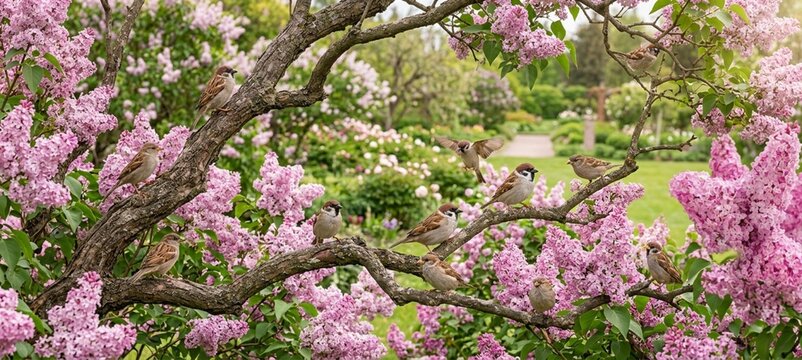 Sparrows perched on Lagerstroemia floribunda branches with pink purple flowers in a garden, beautiful spring nature background, birds in wild life.