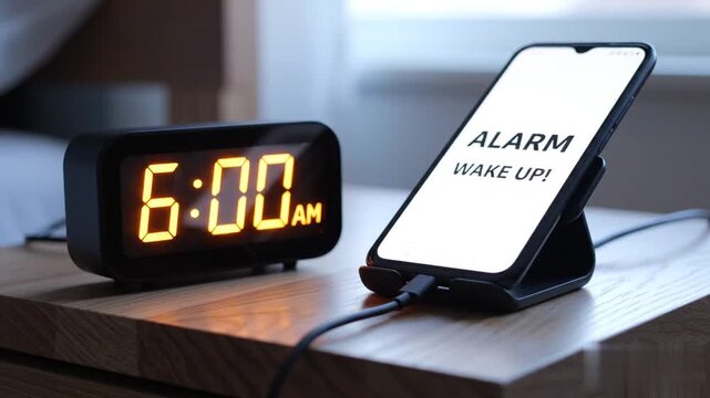 Modern digital alarm clock with glowing orange display changing from 5:59 to 6:00 AM on a bedside table while a wireless smartphone charger powers a mobile device during early morning wakeup.