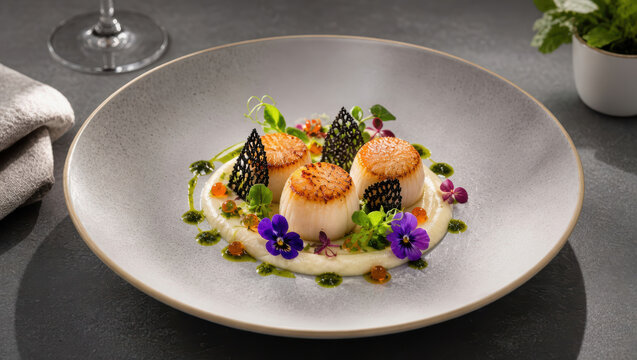 Capesante scottate gourmet su crema di cavolfiore con fiori eduli e decorazioni di corallo nero. Generative AI 