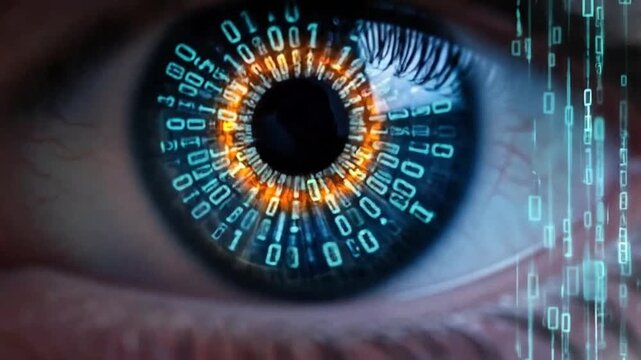 Close up human eye with binary digital code overlay