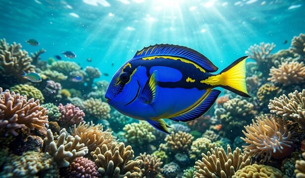 Paracanthurus hepatus blue tang fish swimming near colorful coral reef in clear turquoise ocean water with sunbeams, underwater tropical marine life.