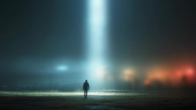 A man walks towards a bright light beam in a dark field at night. Eerie ufo abduction scene with mysterious silhouette. Supernatural thriller cinema concept.