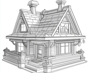 Fototapeta premium Charming Cottage Illustration Detailed Black Outline Cartoon House with Slate Roof and Cozy Porch