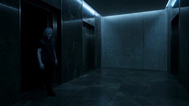 Creepy man standing in elevator door in dark office corridor. Horror scene with mysterious silhouette emerging from lift. Cinematic suspense and fear concept.