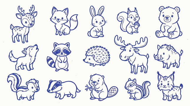 Set of cute forest animals in cartoon style, hand-drawn vector illustrations for children's designs and educational materials.