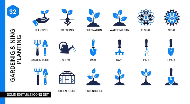 Comprehensive collection of solid style gardening and planting vector icons, featuring essential tools, thriving seedlings, and various cultivation elements