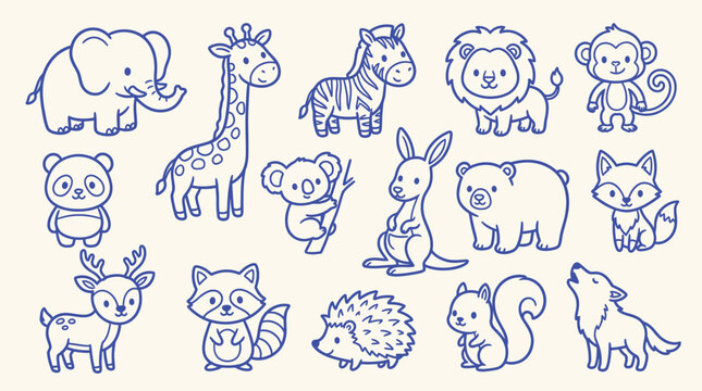 Collection of cute hand-drawn outline cartoon animals, including elephant, giraffe, zebra, lion, monkey, panda, koala, kangaroo, bear, fox, deer, raccoon, hedgehog, squirrel, and wolf.