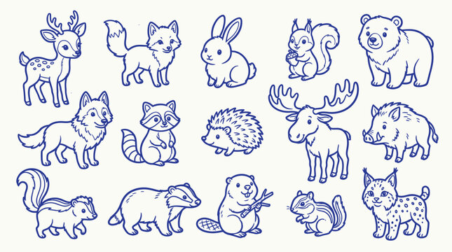 A delightful collection of forest animals in a charming doodle style, perfect for children's illustrations and educational materials.