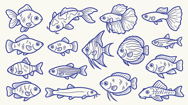 Collection of various hand-drawn fish illustrations in blue ink, showcasing different aquatic species in a doodle style.
