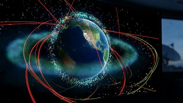 Digital earth projection showing orbiting satellite networks. Global connectivity visualization with data transmission lines. Future communication technology concept.