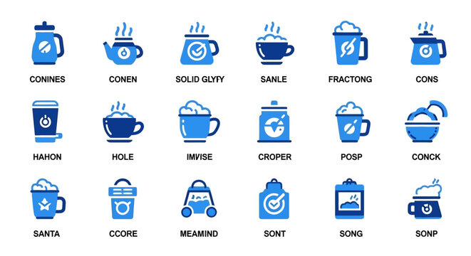 A comprehensive set of stylized beverage icons, showcasing a variety of coffee cups, mugs, and drinkware in a clean blue and white flat design