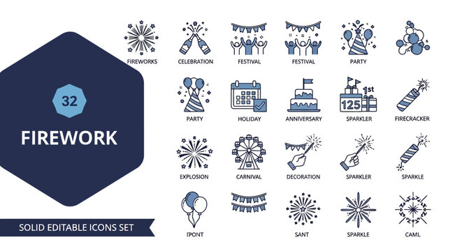 Firework and Celebration Solid Icons Set