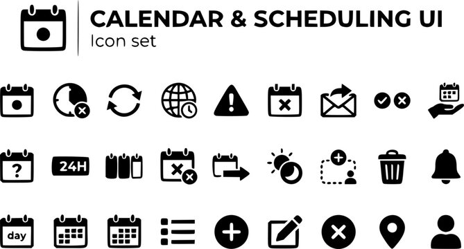 Calendar Scheduling UI Icon Set Event Block Recur Timezone Conflict Invite RSVP Hold Tentative All-Day Multi-Day Cancel Availability Management Vector