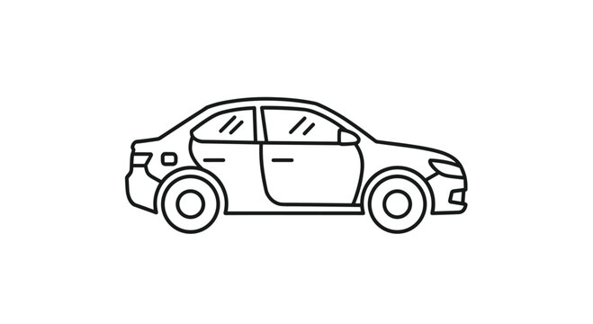 An outline vector illustration of a standard four-door sedan car viewed from the side profile is isolated against a clean and bright plain white background.