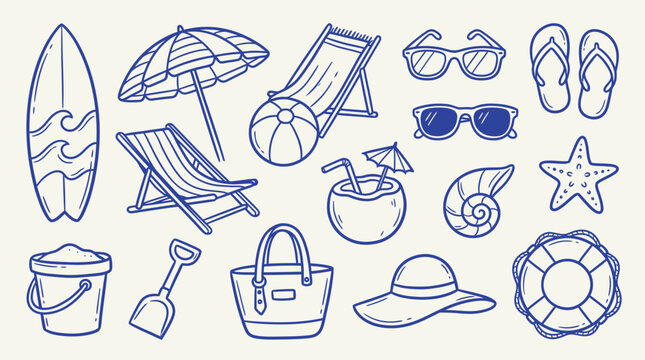 Summer Beach Vacation Elements Hand Drawn Doodle Set with Surfboard, Umbrella, Chair, Sunglasses, Coconut Drink, and Starfish.