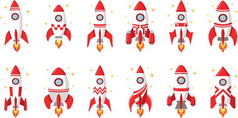 Vector illustration set of twelve various red and white toy rocket ships blasting off with fire and stars isolated on a white background. © MstRuna