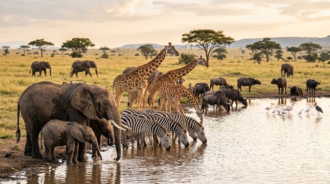 African wildlife gathering at watering hole, elephants giraffes zebras and buffalo in savanna landscape, majestic safari animals at sunset