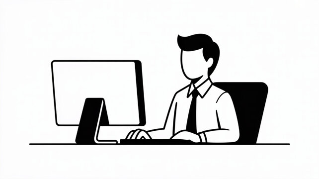 Businessman working on computer, office worker illustration, desk job vector, black and white