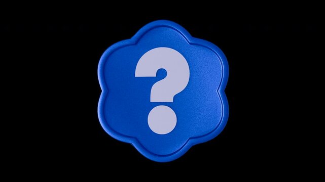 3D question mark icon spinning on black background, blue flower shaped symbol for help and support, rotating faq animation for customer service