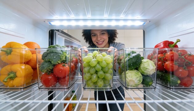 Arranging woman in casual gray top placing green grapes inside refrigerator, with clear bins