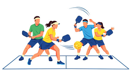 Pickleball players in action, doubles match, active lifestyle, sports illustration © gedang