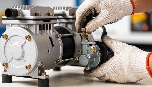 Turning gloved hands tightening hex nut on silver motor pump at workshop bench, with orange cuff